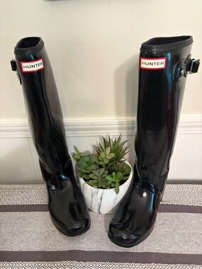 Hunter Original Tall Gloss Rain Boots Black Women’s Size 8 Waterproof Classic